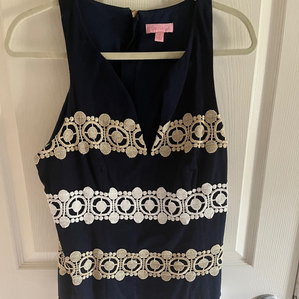 Navy & White Shift Dress with Lace Detail